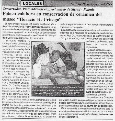 Artykuł w prasie peruwiańskiej o moim pobycie i wolontariacie w muzeum w Cajamarce. 2001r