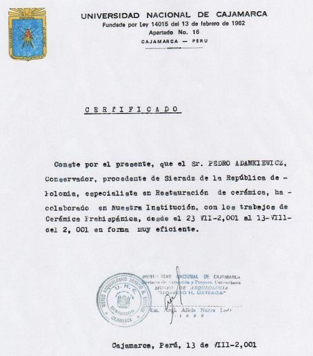 I Certyfikat od Peruwiańskiego Uniwersytetu Narodowego w Cajamarce. 2001 r.