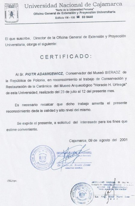 II Certyfikat od Peruwiańskiego Uniwersytetu Narodowego w Cajamarca. 2001 r.