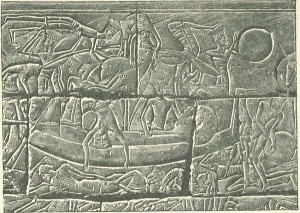 Relief z Medinet Habu przedstawiający filistyński okręt wojenny.